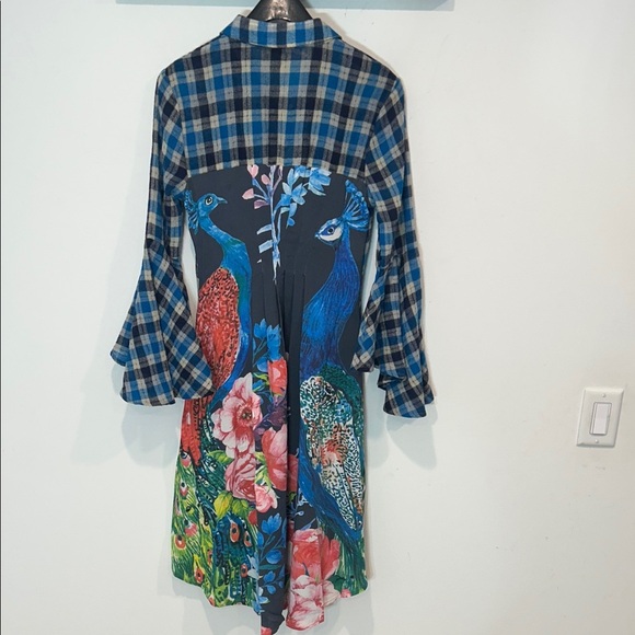 Aratta Flannel Blue Checkered peacock button down shirt Dress midi small women’s - Picture 6 of 8